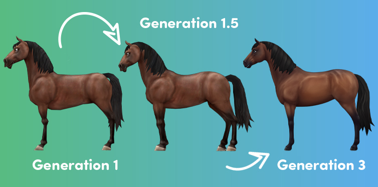 Здесь ты видишь, как наша самая первая лошадь, юрвикская чистокровная, менялась со сменой поколений!