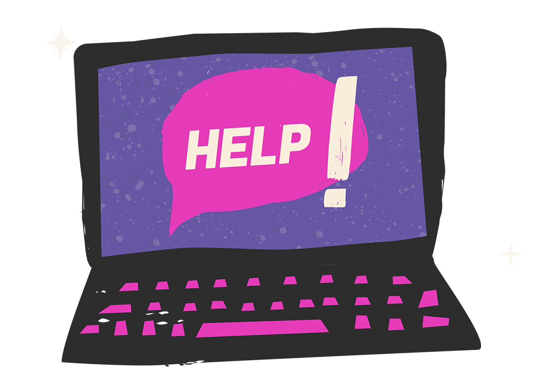 An illustration of a laptop with the word "Help" on the screen